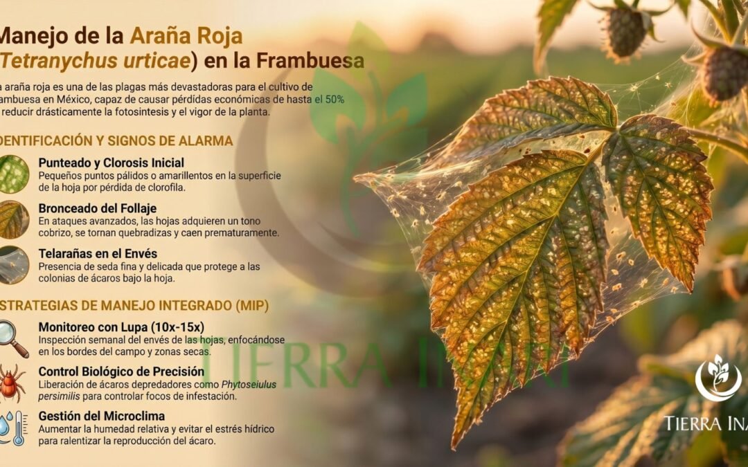 Hoja de frambuesa con bronceado inicial por araña roja en huerta de Jalisco